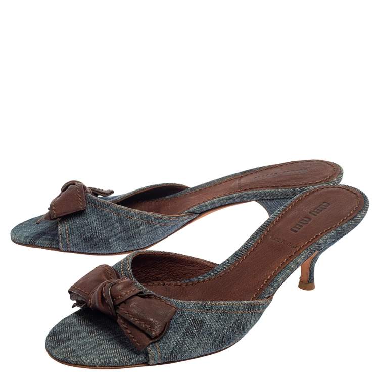 Pre Owned Miu Miu Blue Denim Bow Slide Sandals Size 38