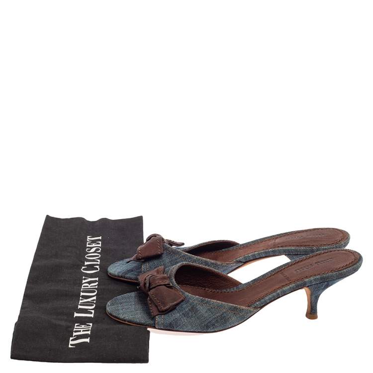 Pre Owned Miu Miu Blue Denim Bow Slide Sandals Size 38