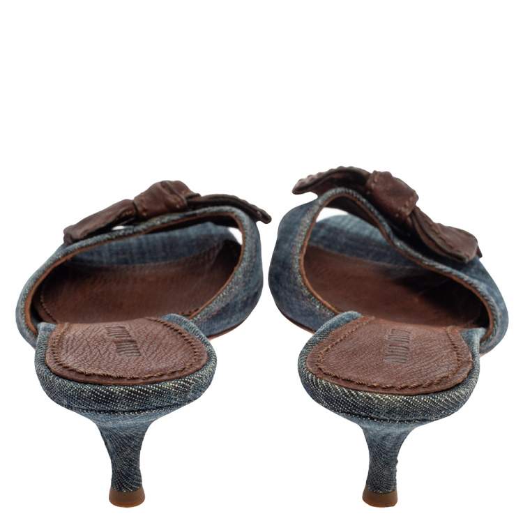 Pre Owned Miu Miu Blue Denim Bow Slide Sandals Size 38