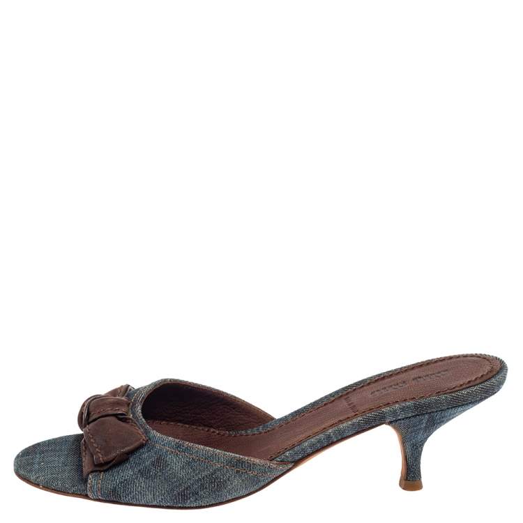 Pre Owned Miu Miu Blue Denim Bow Slide Sandals Size 38