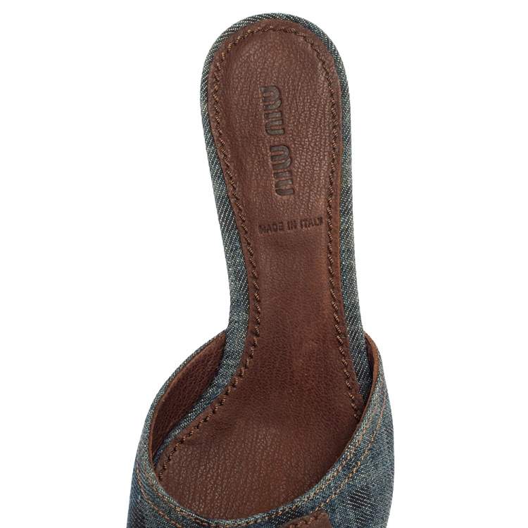 Pre Owned Miu Miu Blue Denim Bow Slide Sandals Size 38