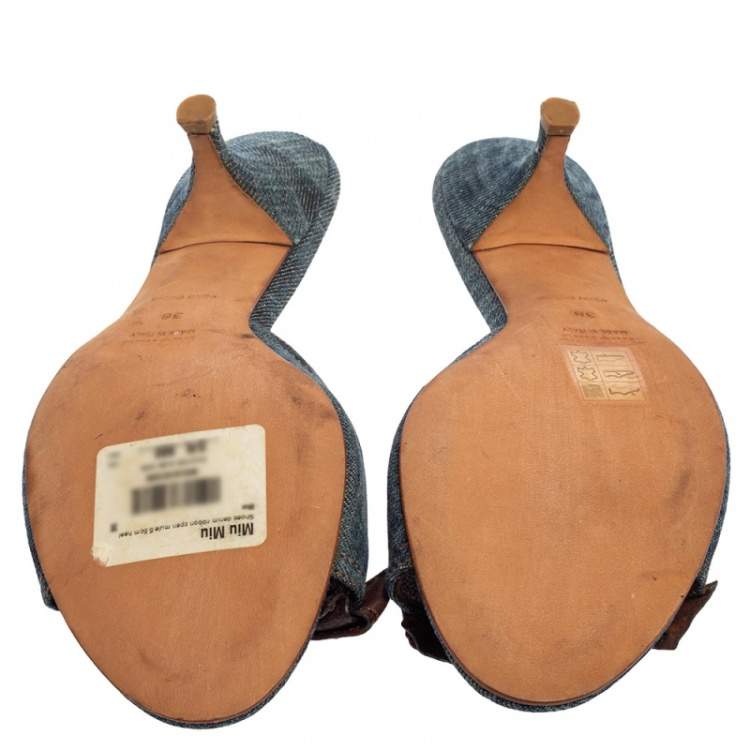 Pre Owned Miu Miu Blue Denim Bow Slide Sandals Size 38