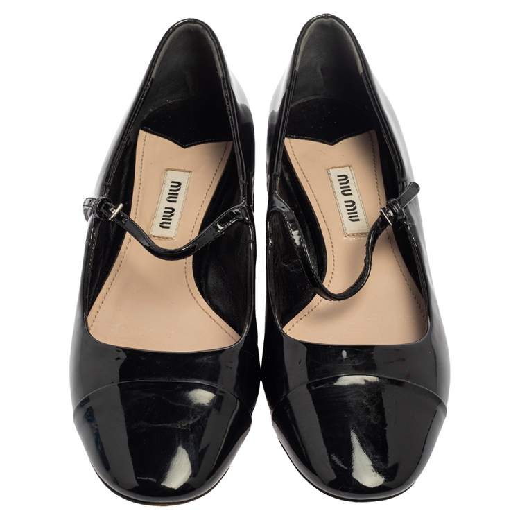 Pre Owned Miu Miu Black Patent Leather Cap Tor Mary Jane Ballet Flats Size 35.5