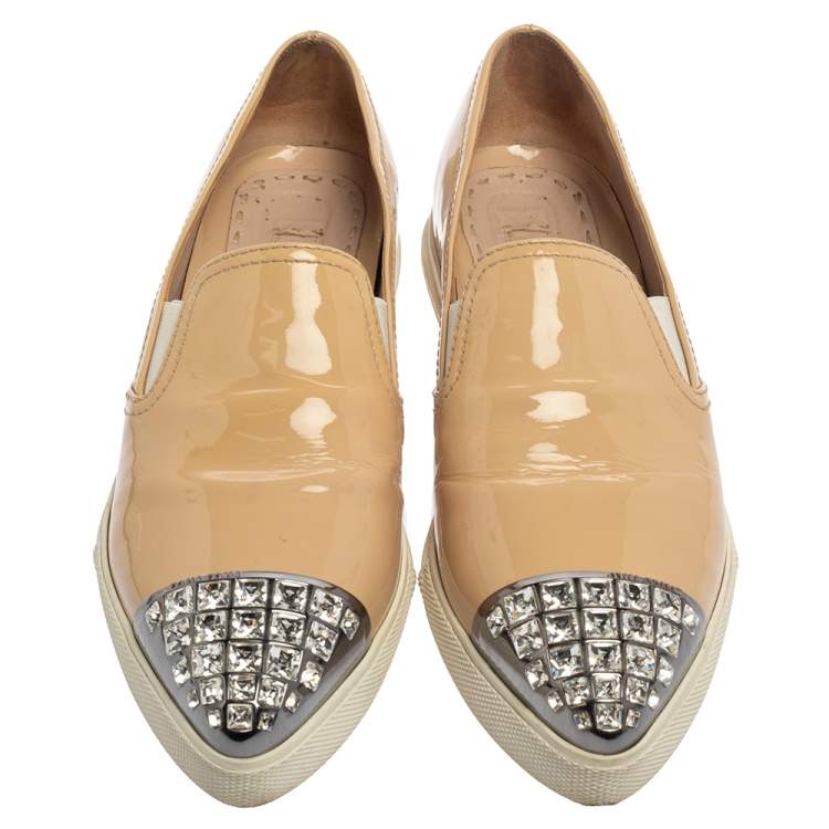 Pre Owned Miu Miu Beige Patent Leather Crystal Embellished Cap Toe Sneakers Size 36.5