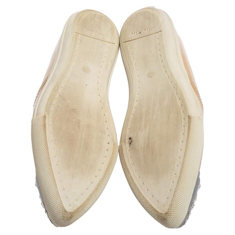 Pre Owned Miu Miu Beige Patent Leather Crystal Embellished Cap Toe Sneakers Size 36.5