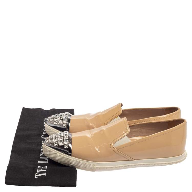 Pre Owned Miu Miu Beige Patent Leather Crystal Embellished Cap Toe Sneakers Size 36.5