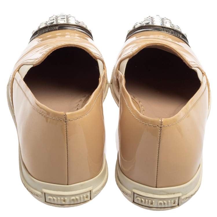 Pre Owned Miu Miu Beige Patent Leather Crystal Embellished Cap Toe Sneakers Size 36.5