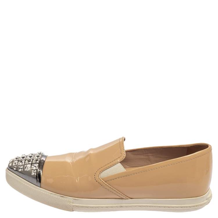 Pre Owned Miu Miu Beige Patent Leather Crystal Embellished Cap Toe Sneakers Size 36.5