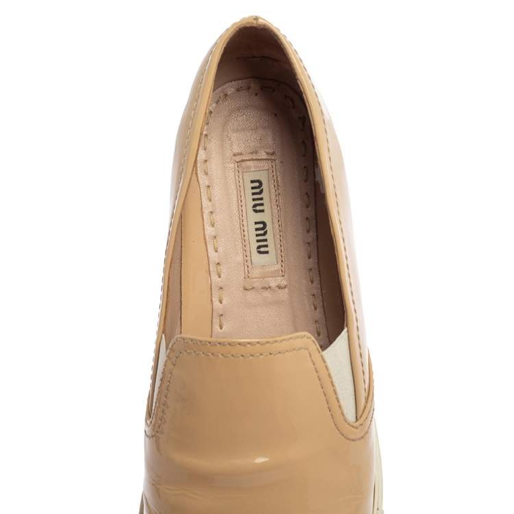 Pre Owned Miu Miu Beige Patent Leather Crystal Embellished Cap Toe Sneakers Size 36.5