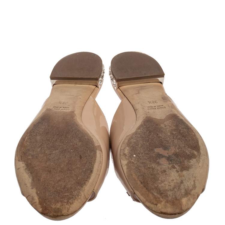 Pre Owned Miu Miu Beige Patent Leather Bow Detail Crystal Embellished Heel Slide Flats Size 38.5