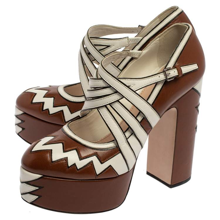 مملوكة مسبقًا Miu Miu Brown/White Leather Mary Jane Strap Pumps Size 38
