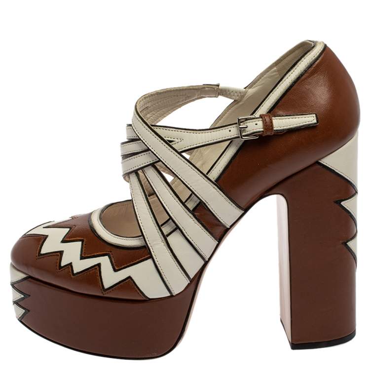 مملوكة مسبقًا Miu Miu Brown/White Leather Mary Jane Strap Pumps Size 38