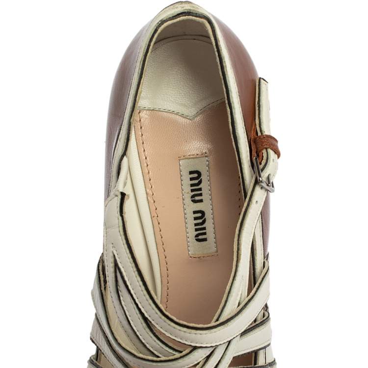 مملوكة مسبقًا Miu Miu Brown/White Leather Mary Jane Strap Pumps Size 38