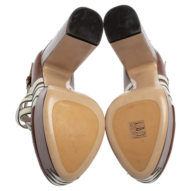 مملوكة مسبقًا Miu Miu Brown/White Leather Mary Jane Strap Pumps Size 38