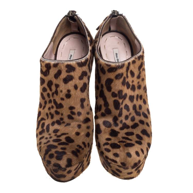 Pre Owned Miu Miu Brown Leopard Print Calf Hair Platform Booties Size 38