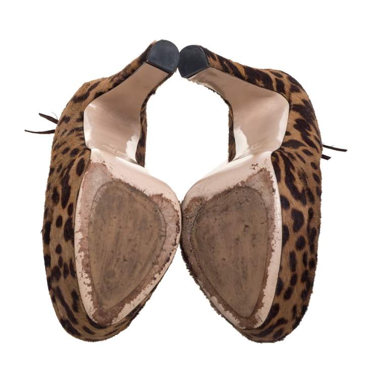 Pre Owned Miu Miu Brown Leopard Print Calf Hair Platform Booties Size 38