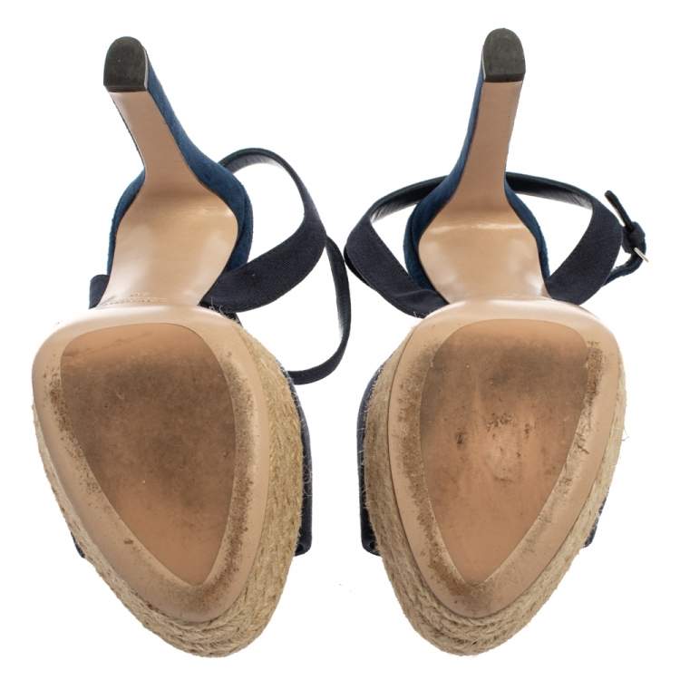 Pre Owned Miu Miu Blue Fabric Platform Espadrille Sandals Size 38