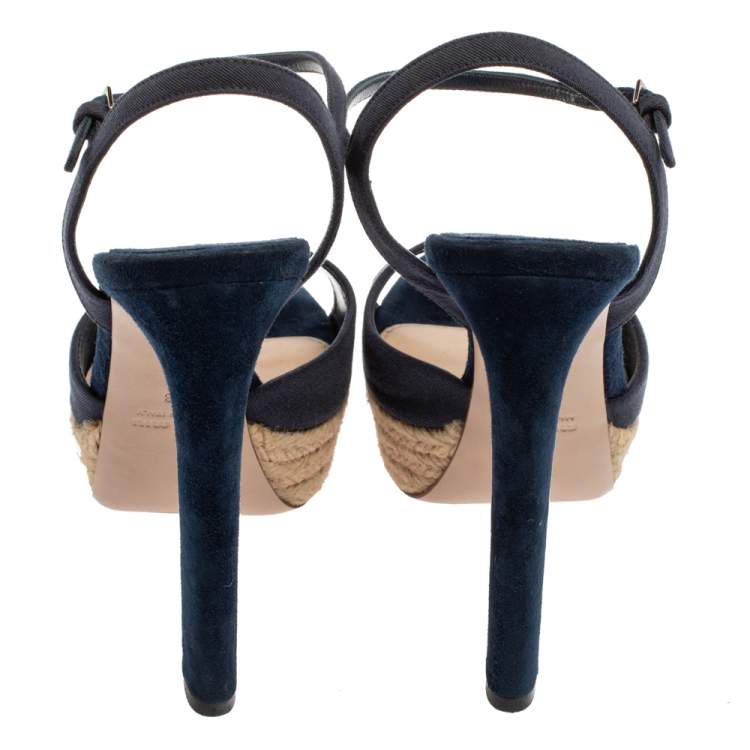 Pre Owned Miu Miu Blue Fabric Platform Espadrille Sandals Size 38