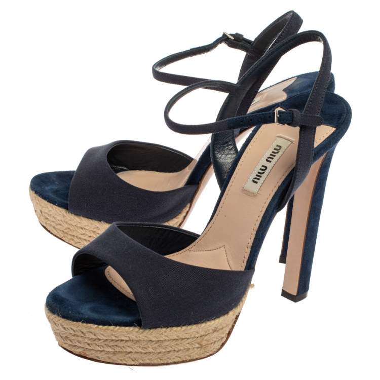 Pre Owned Miu Miu Blue Fabric Platform Espadrille Sandals Size 38