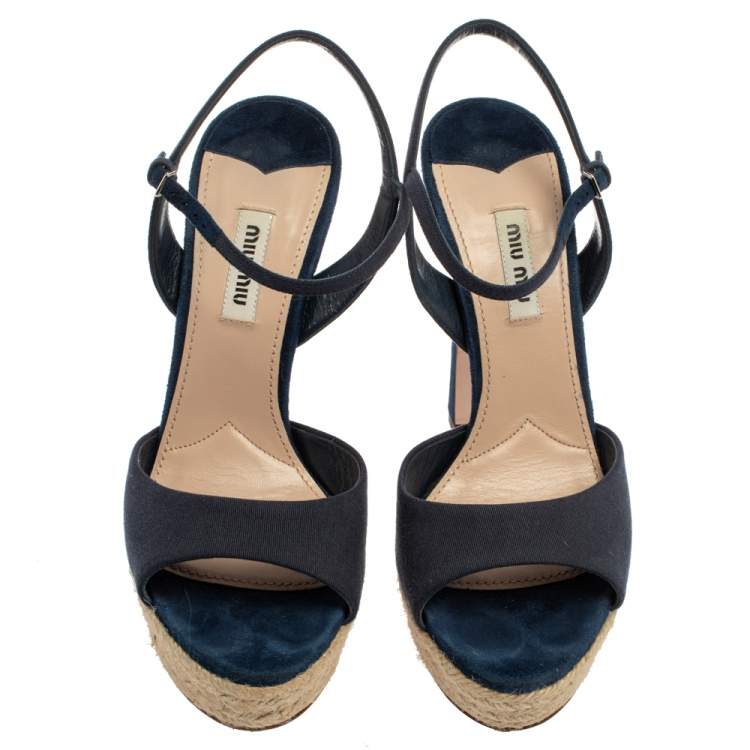 Pre Owned Miu Miu Blue Fabric Platform Espadrille Sandals Size 38