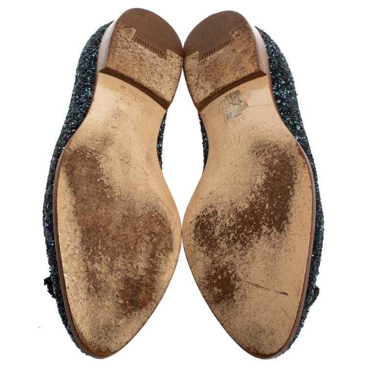 Pre Owned Miu Miu Blue Glitter And Leather Tassel Smoking Loafer Size 38.5