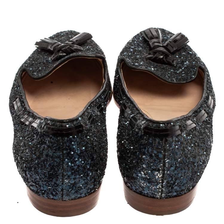 Pre Owned Miu Miu Blue Glitter And Leather Tassel Smoking Loafer Size 38.5