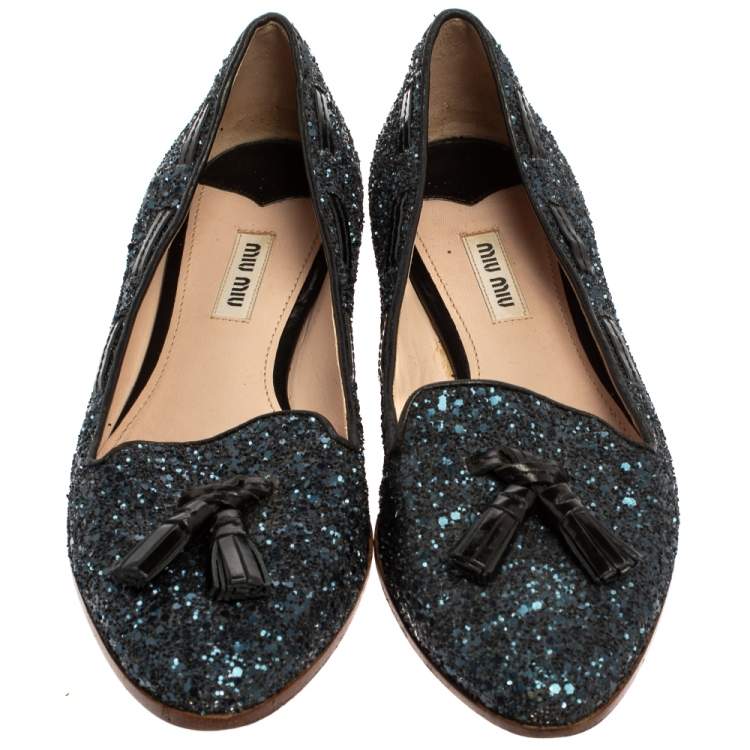 Pre Owned Miu Miu Blue Glitter And Leather Tassel Smoking Loafer Size 38.5