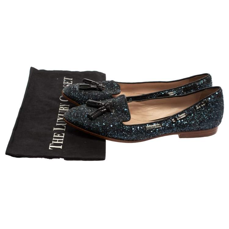 Pre Owned Miu Miu Blue Glitter And Leather Tassel Smoking Loafer Size 38.5