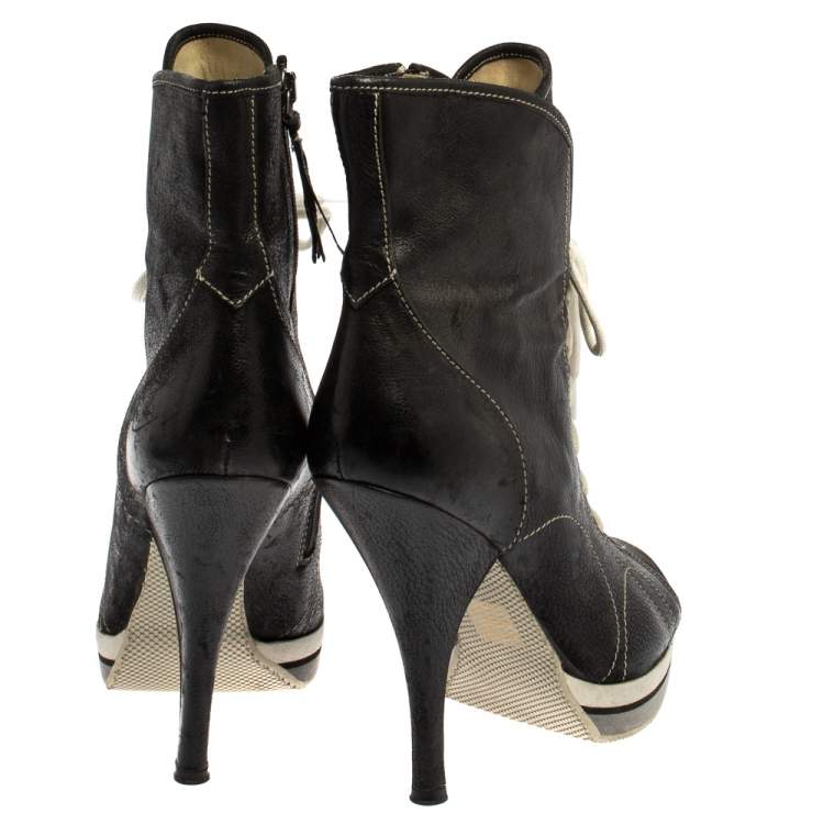 Pre Owned Miu Miu Black Leather Peep Toe Platform Ankle Boots Size 38 