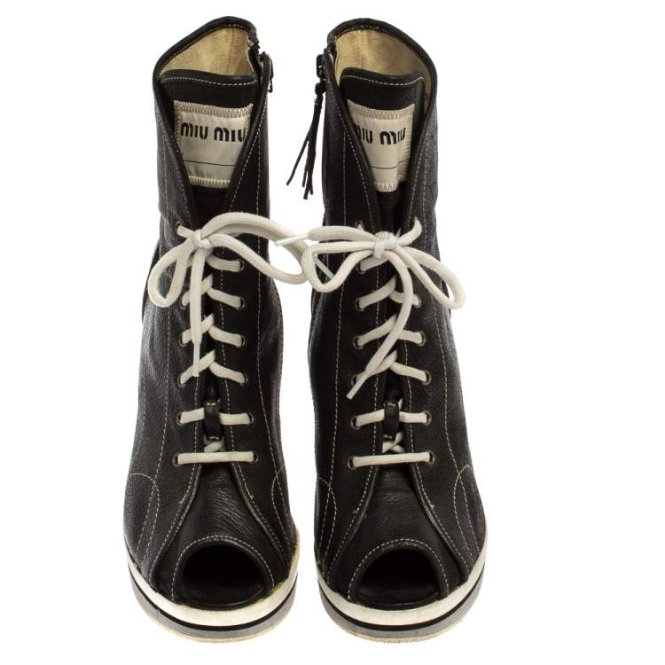 Pre Owned Miu Miu Black Leather Peep Toe Platform Ankle Boots Size 38 