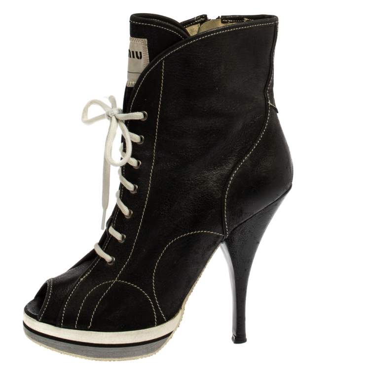 Pre Owned Miu Miu Black Leather Peep Toe Platform Ankle Boots Size 38 