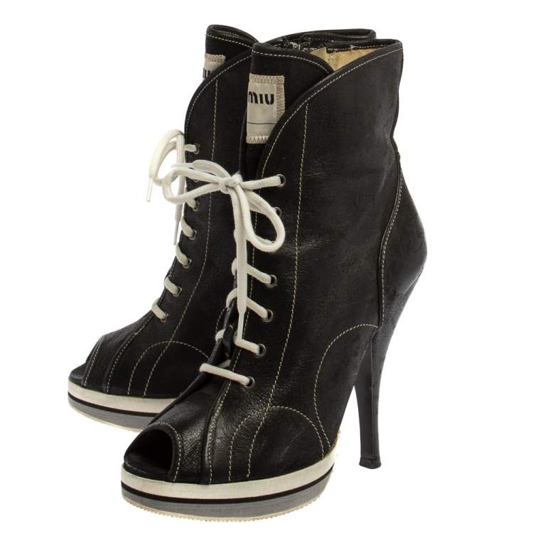 Pre Owned Miu Miu Black Leather Peep Toe Platform Ankle Boots Size 38 