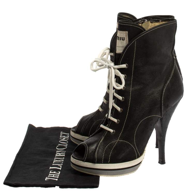 Pre Owned Miu Miu Black Leather Peep Toe Platform Ankle Boots Size 38 