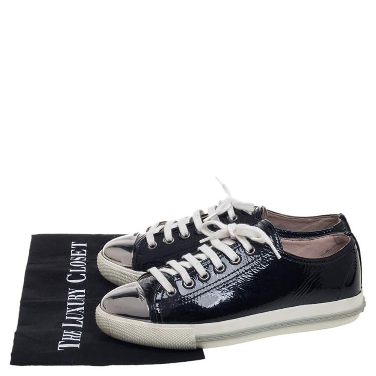 Pre Owned Miu Miu Black Patent Leather Metal Cap Toe Lace Up Sneakers Size 36.5