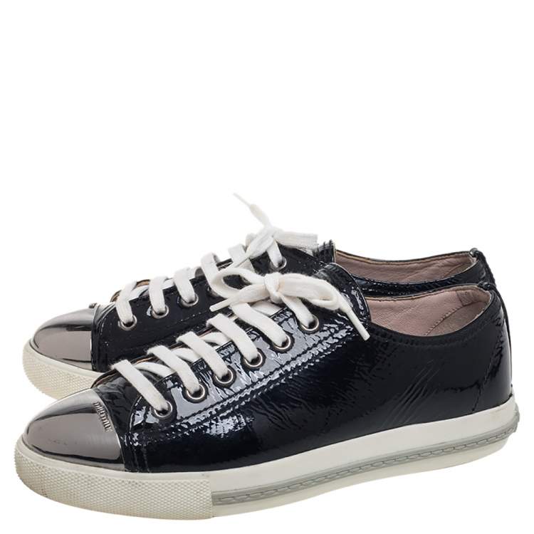 Pre Owned Miu Miu Black Patent Leather Metal Cap Toe Lace Up Sneakers Size 36.5