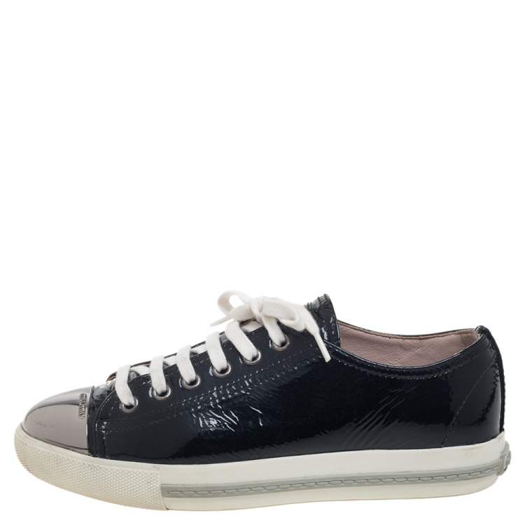 Pre Owned Miu Miu Black Patent Leather Metal Cap Toe Lace Up Sneakers Size 36.5