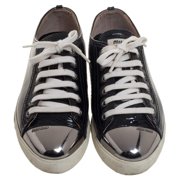 Pre Owned Miu Miu Black Patent Leather Metal Cap Toe Lace Up Sneakers Size 36.5