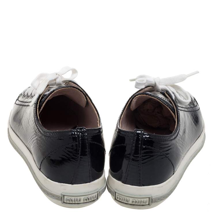 Pre Owned Miu Miu Black Patent Leather Metal Cap Toe Lace Up Sneakers Size 36.5