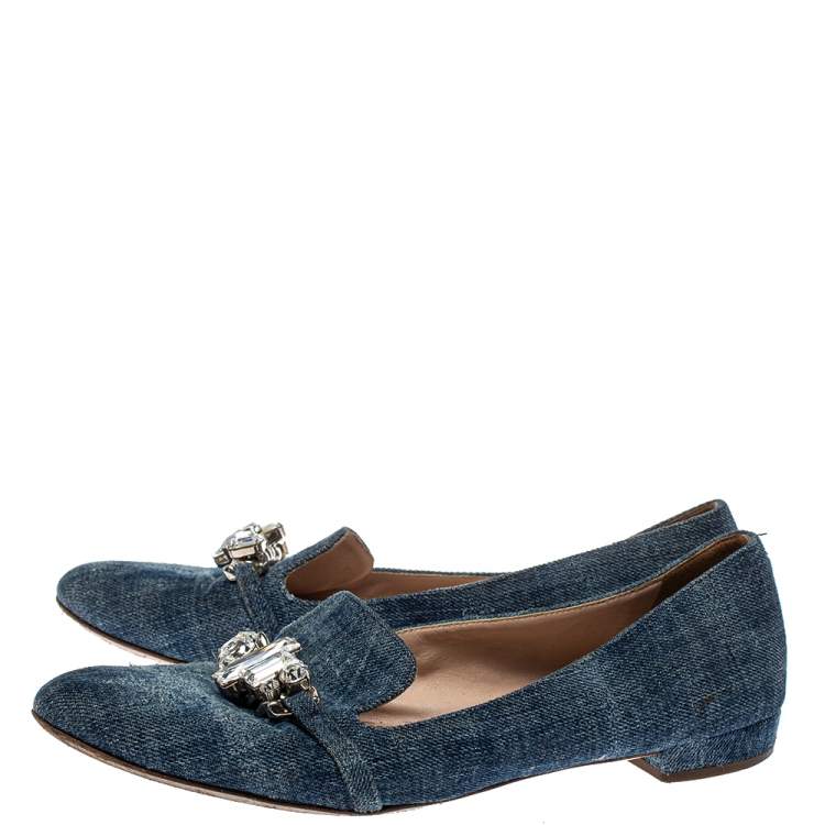 Pre Owned Miu Miu Blue Denim Crystal Embellished Smoking Slippers Size 40