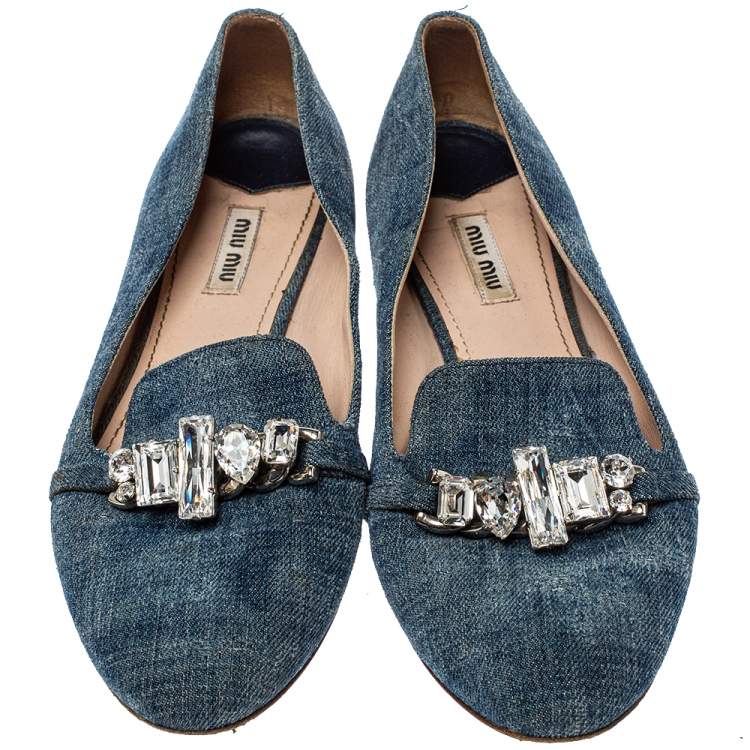 Pre Owned Miu Miu Blue Denim Crystal Embellished Smoking Slippers Size 40