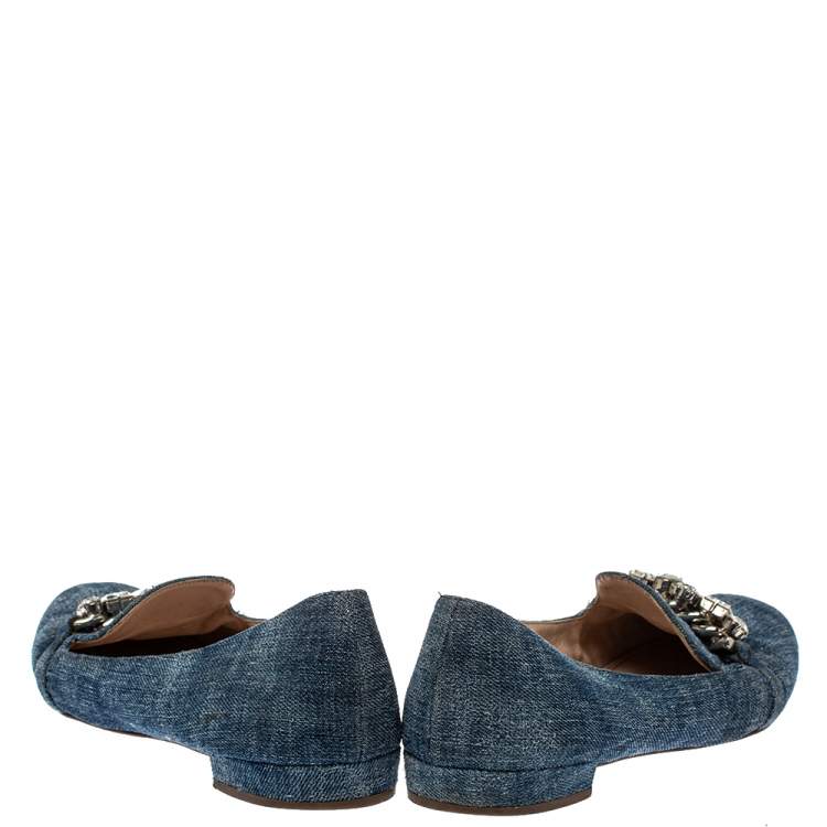 Pre Owned Miu Miu Blue Denim Crystal Embellished Smoking Slippers Size 40