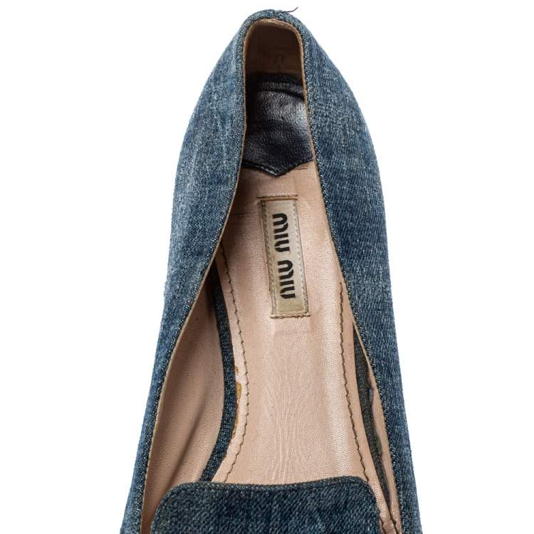 Pre Owned Miu Miu Blue Denim Crystal Embellished Smoking Slippers Size 40