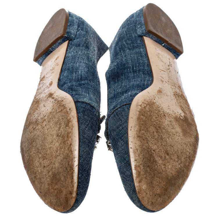 Pre Owned Miu Miu Blue Denim Crystal Embellished Smoking Slippers Size 40
