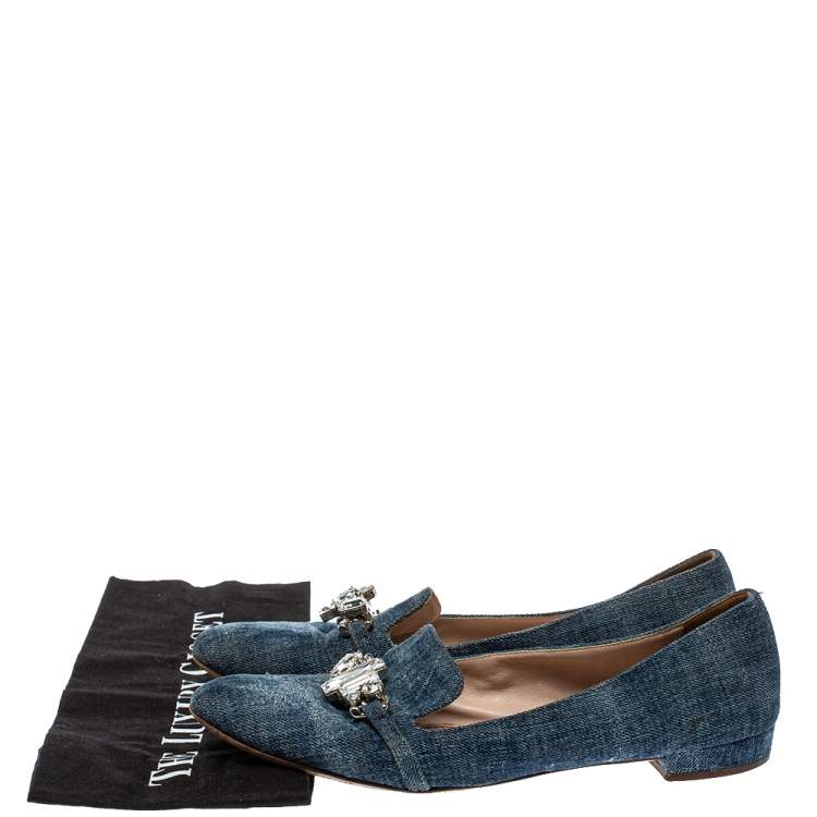 Pre Owned Miu Miu Blue Denim Crystal Embellished Smoking Slippers Size 40