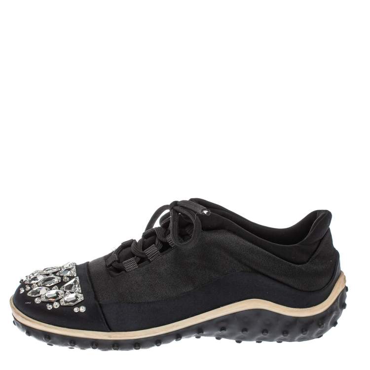 Pre Owned Miu Miu Black Fabric Crystal Embellished Low Top Sneakers Size 38