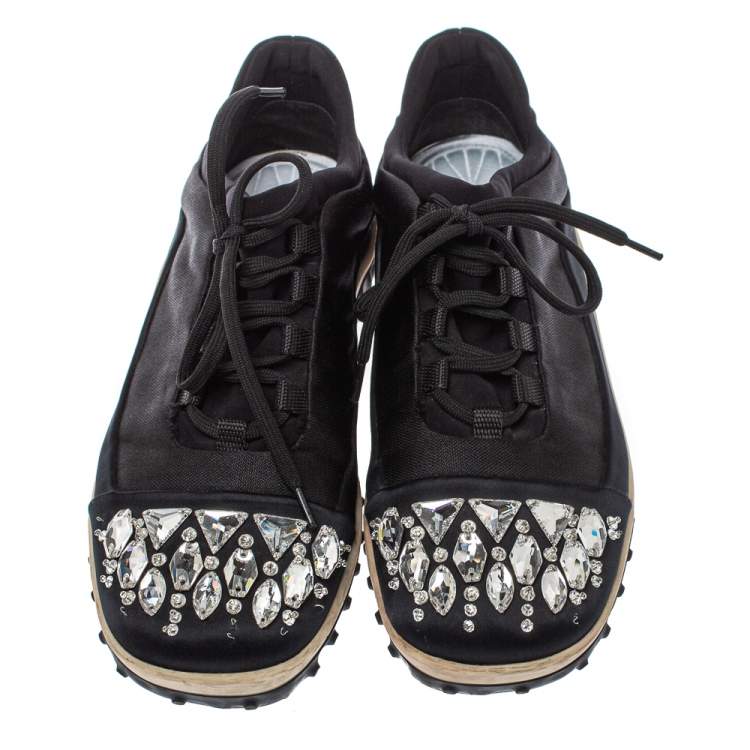 Pre Owned Miu Miu Black Fabric Crystal Embellished Low Top Sneakers Size 38