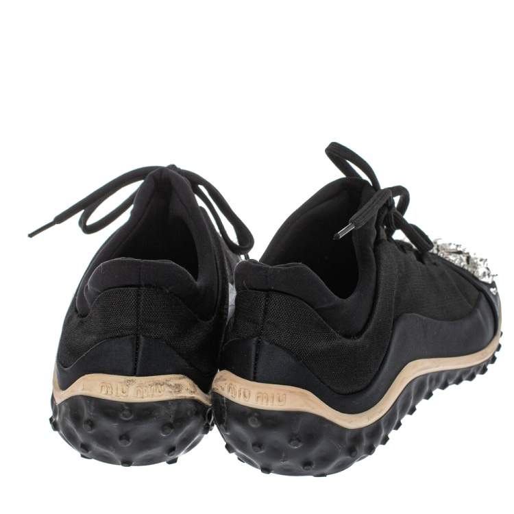 Pre Owned Miu Miu Black Fabric Crystal Embellished Low Top Sneakers Size 38