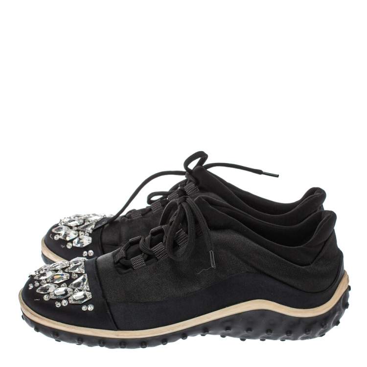 Pre Owned Miu Miu Black Fabric Crystal Embellished Low Top Sneakers Size 38