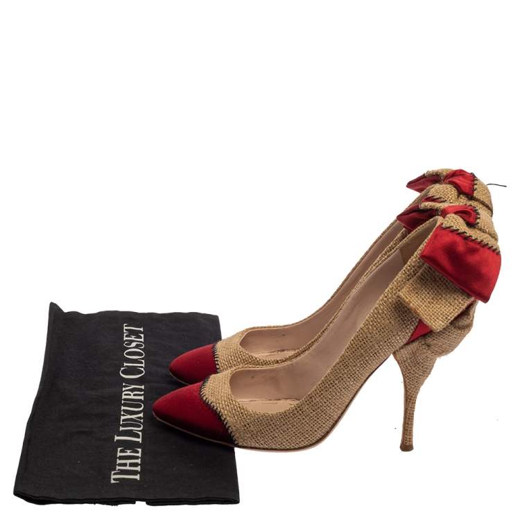 Pre Owned Miu Miu Beige/Red Jute And Satin Bow Pumps Size 39