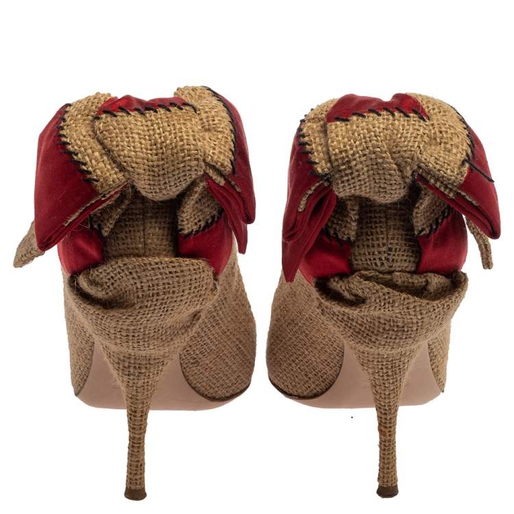 Pre Owned Miu Miu Beige/Red Jute And Satin Bow Pumps Size 39